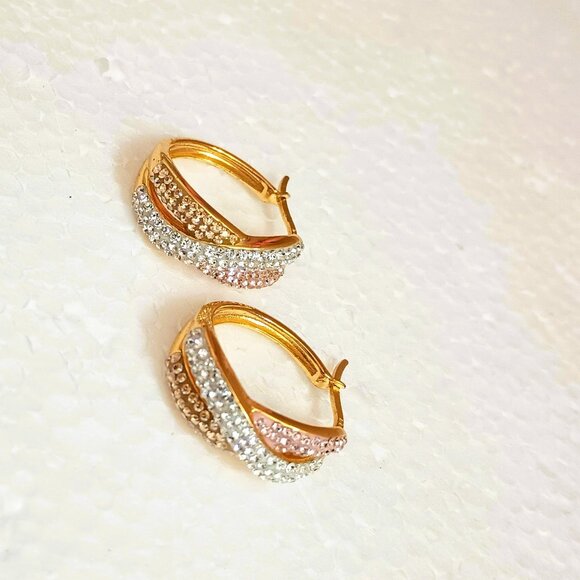 925 Pave Twisted Hoop Earrings Gold over Sterling Silver Pierced - Picture 5 of 13